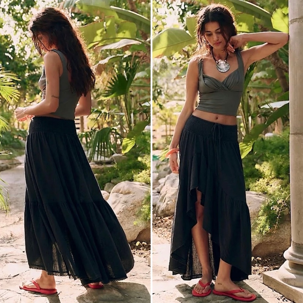 NEW FREE PEOPLE ISLAND GIRL BOHO HIGH HI LOW ASYMMETRICAL MAXI SKIRT BLACK XS